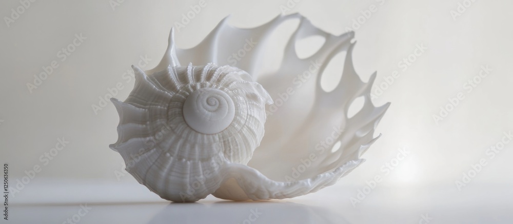 Poster elegant white sea shell with intricate spiral design displayed against a soft, neutral background em