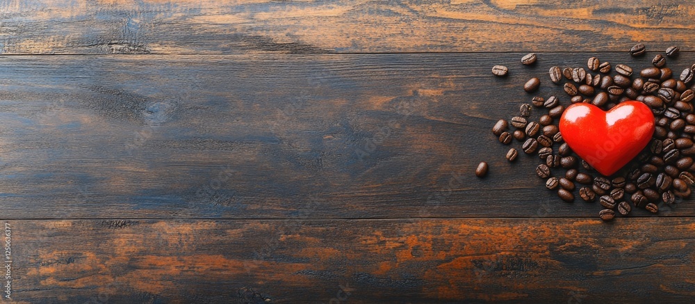 Poster aromatic coffee beans arranged around a decorative red heart on a rustic wooden background in a top 