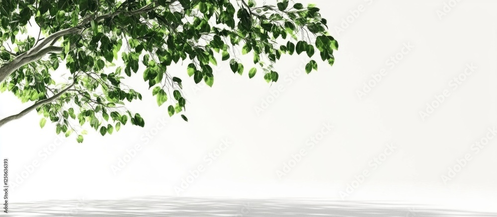 Poster bodhi tree with vibrant green leaves against a soft white background symbolizing tranquility and min