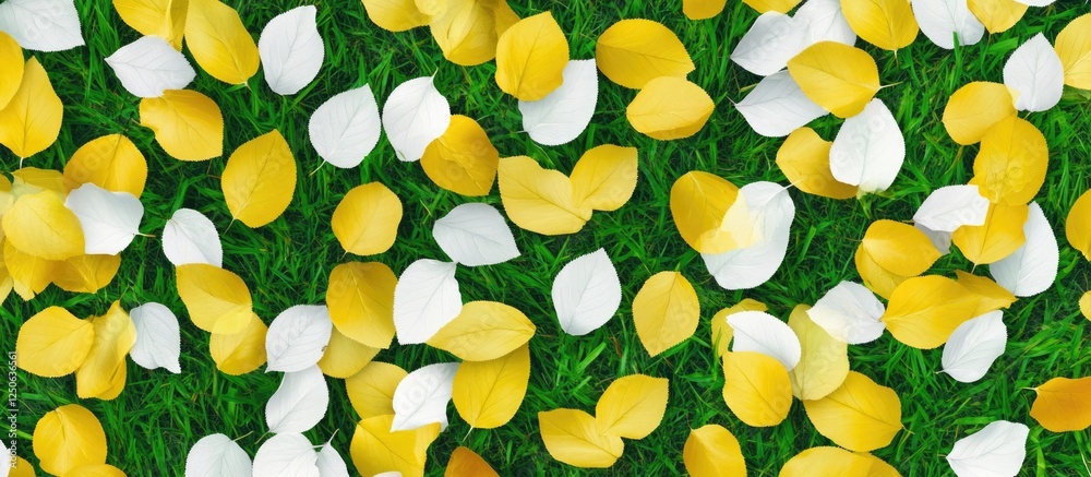 Poster vibrant yellow and white autumn leaves scattered on lush green grass creating a colorful and cheerfu
