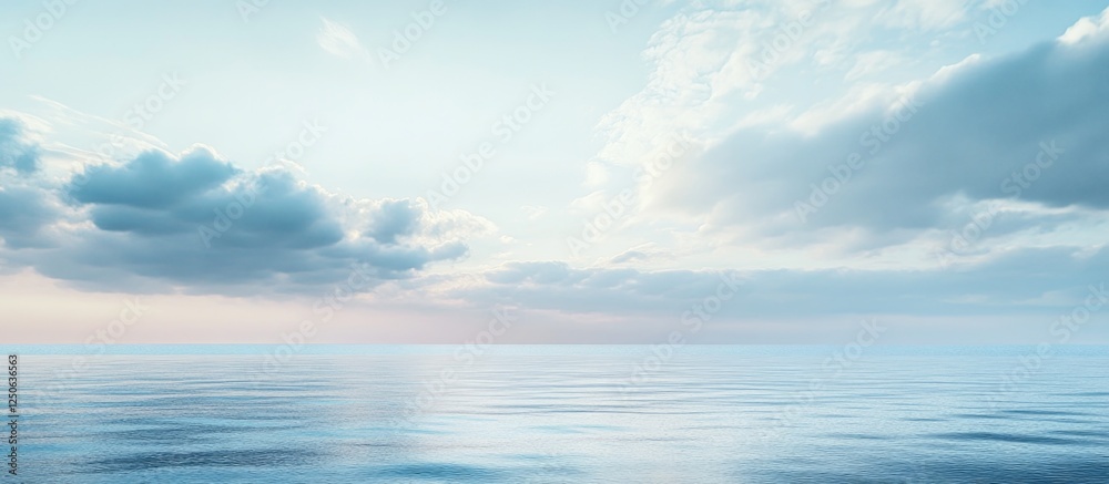 Poster serene seascape with gentle waves under a cloudy sky reflecting soft pastel colors of dawn or dusk i