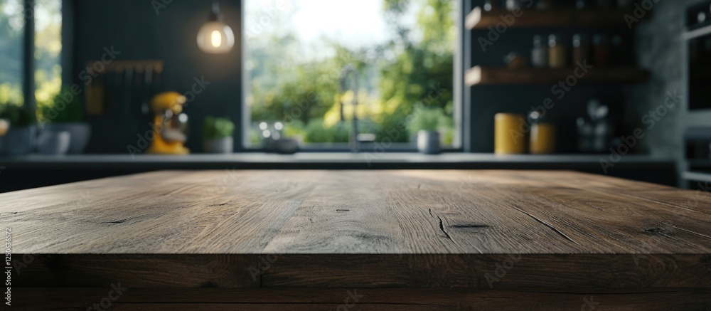Aufkleber Rustic wooden table with blurred kitchen background perfect for product display and mockup featuring ample space for text and imagery
