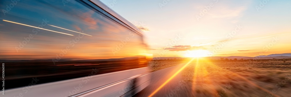 Poster streamlined coach bus on open highway at sunset aerodynamic design, panoramic views and storage - co