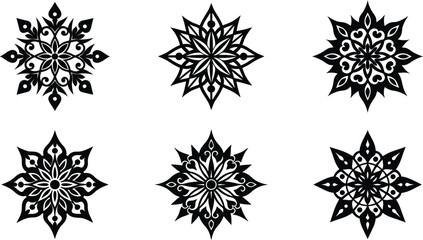 Six Intricate Black and White Starburst Snowflake Designs