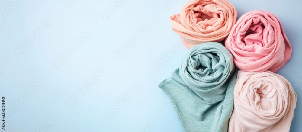 Poster Rolled Cotton T Shirts in Pastel Colors with Empty Space for Custom Text or Branding on Light Blue Background