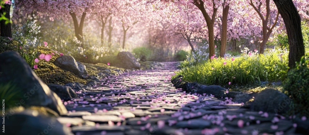 Poster serene rock pathway lined with blooming sakura trees and scattered petals in a tranquil garden setti