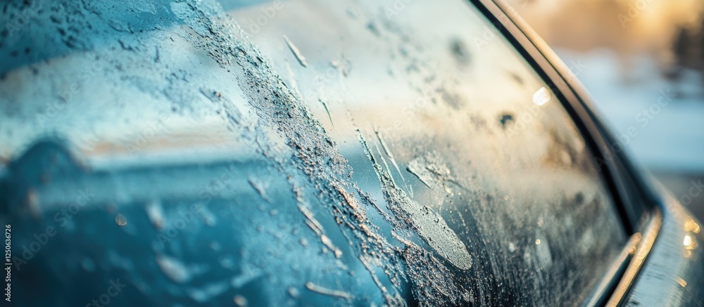 Poster Frosted and Scratched Car Window Close-Up Capturing Winter's Chill and Reflections in Soft Natural Light