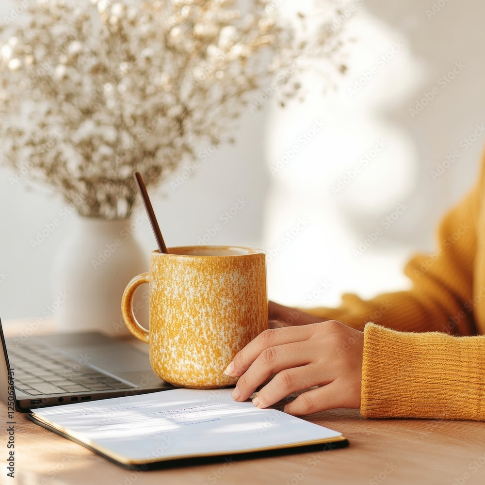 Poster Minimalist Hybrid Workspace Adult Learner with Modern Laptop and Rustic Mug in Online Course - High-Resolution Image for Remote Education and Professional Development Marketing