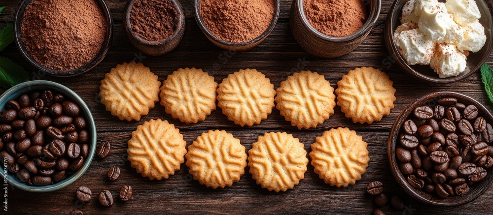 Aufkleber savoyardi cookies arranged neatly with cocoa powder, coffee beans, and decorative elements on a rust
