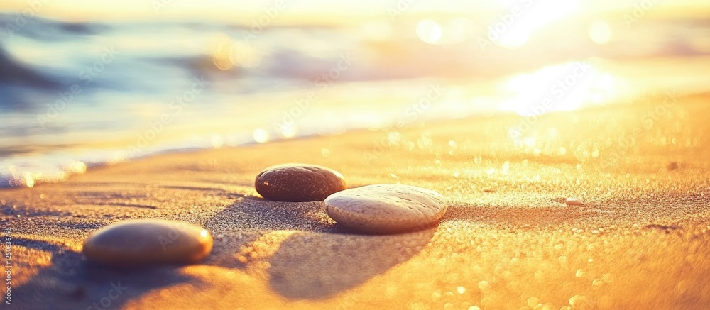 Poster pebbles on sandy beach with sunlight reflecting off the ocean waves creating a serene and tranquil s