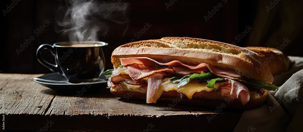 Poster delicious ham and cheese sandwich with fresh vegetables accompanied by steaming coffee on rustic woo