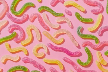 Colorful gummy worms arranged on pink. Perfect for food, candy, or sweet treats themes.