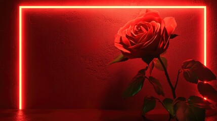 Elegant red rose illuminated by vibrant neon red lights against a textured background, creating a striking visual contrast and romantic ambiance.