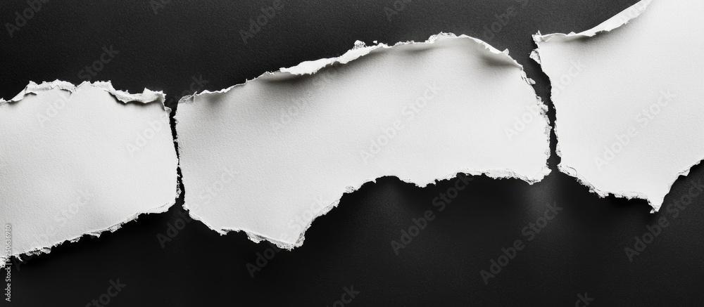 Aufkleber Torn white paper edges creating a contrasting texture on a sleek black background for design and artistic projects