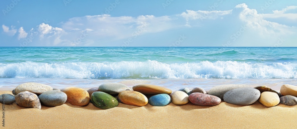 Poster natural beach stones with gentle waves lapping the shore under a clear blue sky, creating a serene c