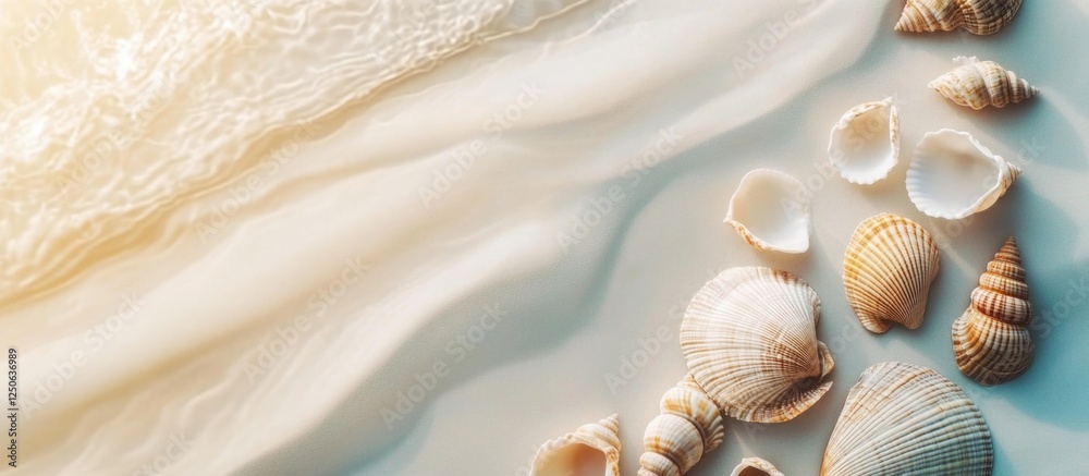 Poster Sea shells on sandy beach with gentle waves creating a serene coastal background for summer and nature themes.