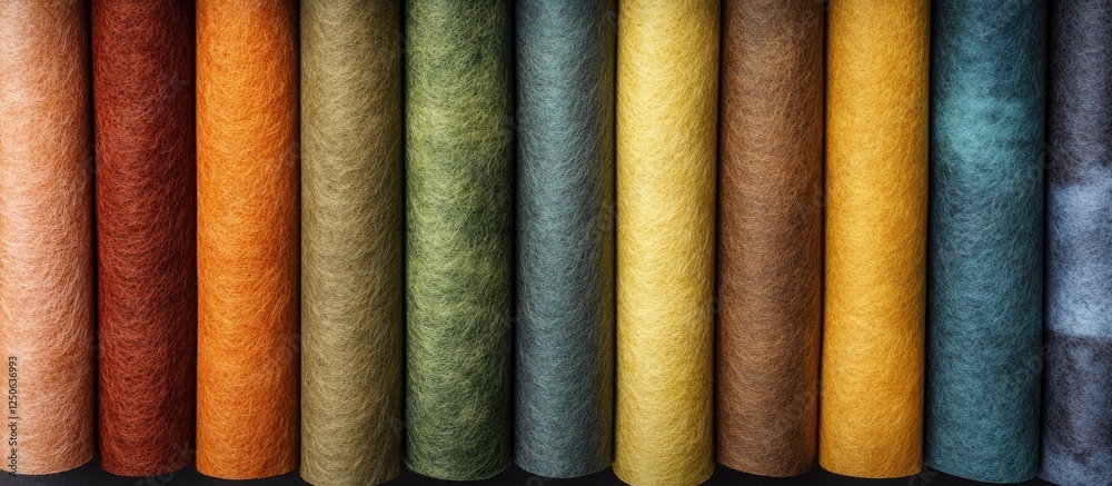 Poster colorful rolls of felt fabric arranged in a vibrant display showcasing rich textures and hues for te