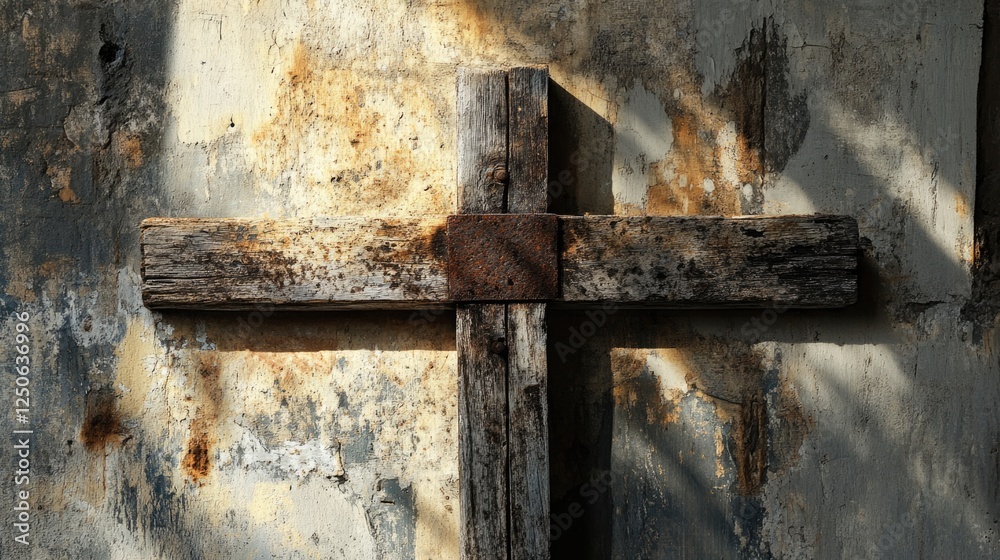 Poster weathered rustic wooden cross against an aged wall with natural light creating an atmospheric and se