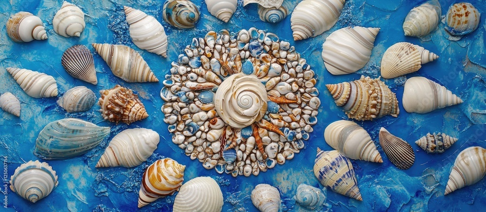 Poster Sea shell mandala design on vibrant blue background showcasing intricate patterns and textures of various seashells and oceanic elements.