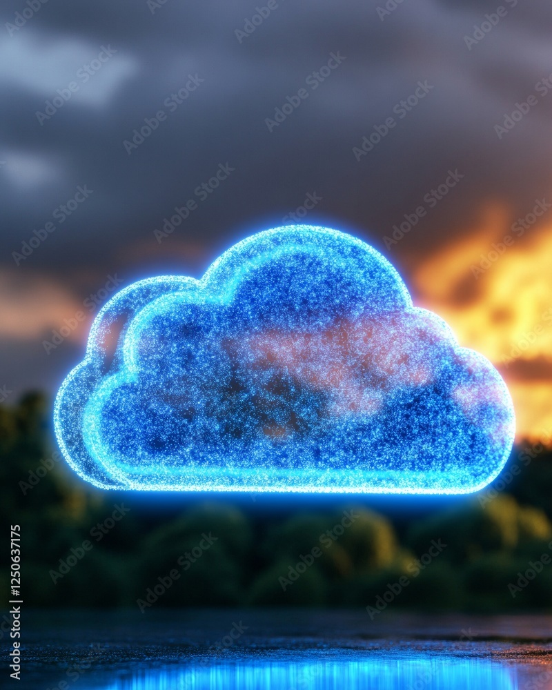Poster neon cloud symbol over natural landscape futuristic tech artwork, glowing abstract network elements 