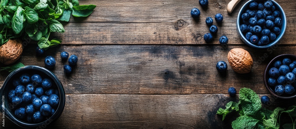 Aufkleber Rustic wooden table featuring an array of blue foods with fresh herbs and ample empty space for customized text or branding.