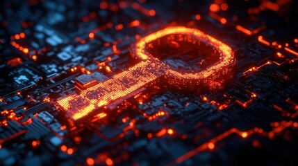 Glowing key on circuit board, data access, dark background, tech security