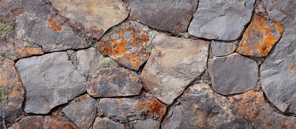 Poster textured rock wall made of various gray stones with natural weathering and earthy tones suitable for