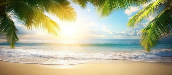 Tropical beach scene featuring sun rays shining through coconut palm leaves with a serene ocean background for peaceful relaxation vibes.