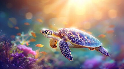 Vivid sea turtle navigating through lively coral reefs amidst ocean pollution and marine life