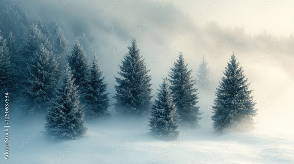Aufkleber Serene winter landscape of fog-covered snow-laden pine trees creating a tranquil atmosphere in a snowy wilderness setting.