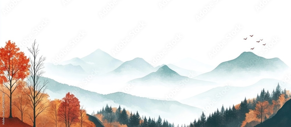 Poster autumn mountain landscape with vibrant foliage and misty background ideal for text overlay and natur