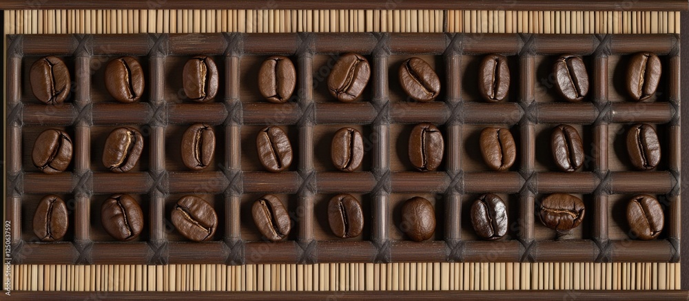 Poster roasted coffee beans arranged in a rectangular pattern on a bamboo wooden background for a rich natu