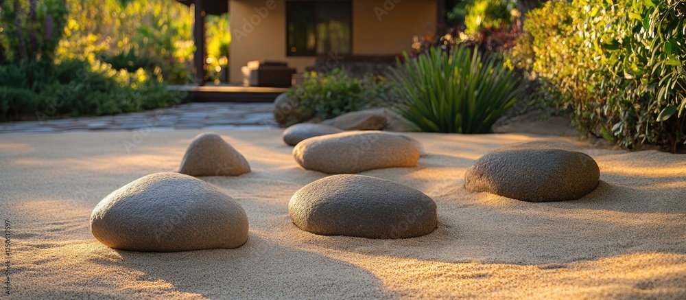 Poster serene garden scene featuring smooth rocks and fine sand surrounded by lush greenery and a tranquil 
