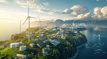 A vibrant energy transition to net zero, highlighting wind farms on coastal cliffs, solar-powered factories, and green energy grids connecting smart cities