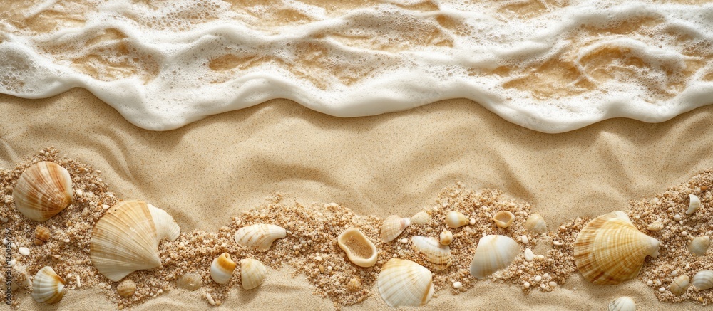 Aufkleber Sandy beach texture with shells and waves captured from a top view for background use in design and advertising projects
