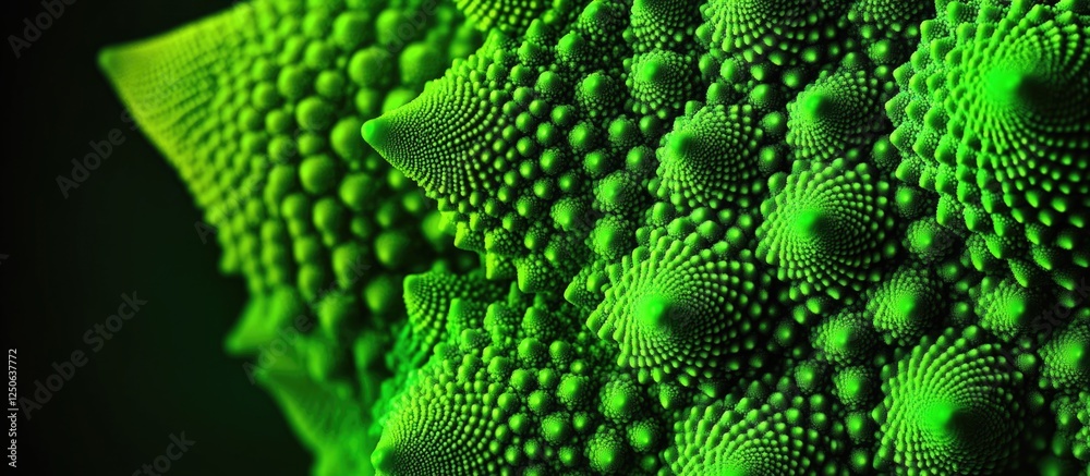Poster intricate details of romanesco broccoli showcasing its unique fractal structure against a dark backg