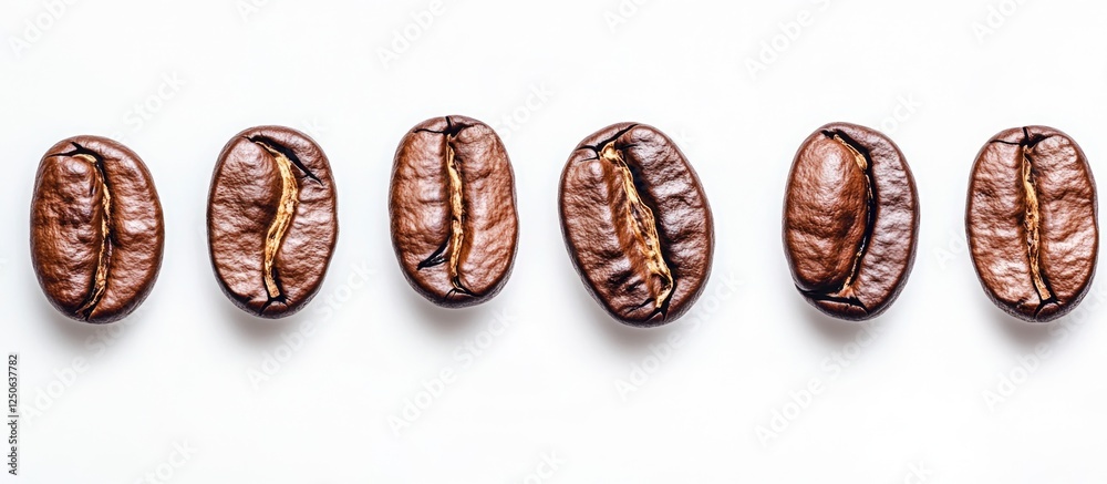 Poster roasted coffee beans in a row isolated on white background showcasing rich color and texture for cof