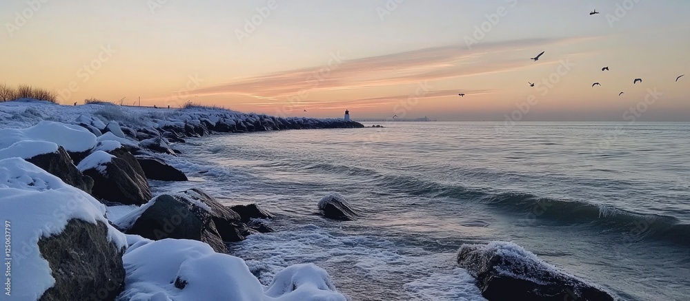 Poster winter seascape with snow-covered rocks and a serene sunset over calm waters creating a tranquil coa