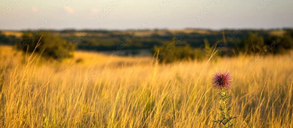 Poster rolling texas grassland with a vibrant purple thistle in sharp focus against a soft sunset backgroun