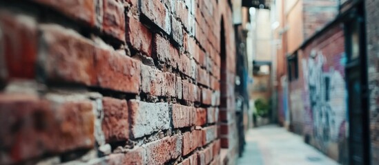 Red Brick Wall Background Texture with Angular Perspective in a Narrow Urban Alleyway