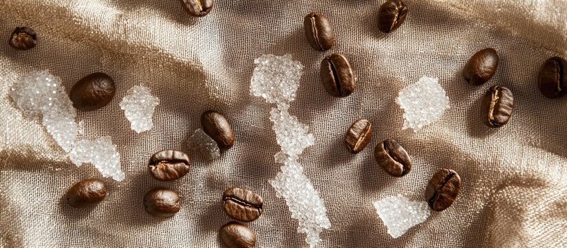 Roasted coffee beans and crystalline sugar scattered on beige fabric background decor for culinary or beverage themes