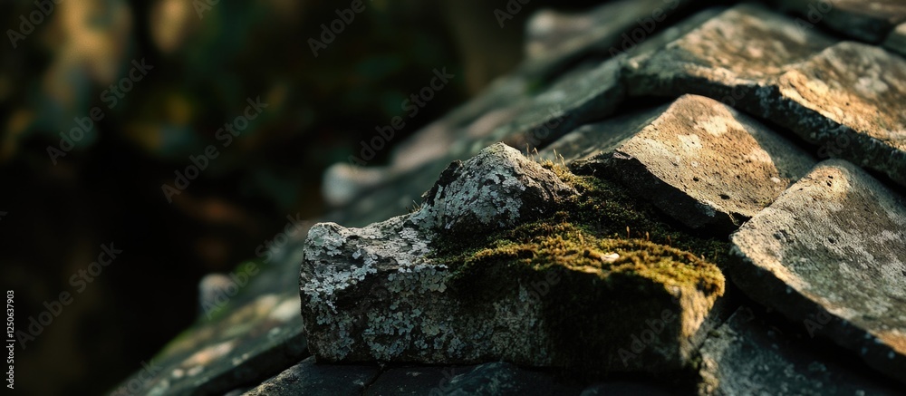 Poster weathered dark roof tile with moss detail showcasing age and character in traditional indonesian arc