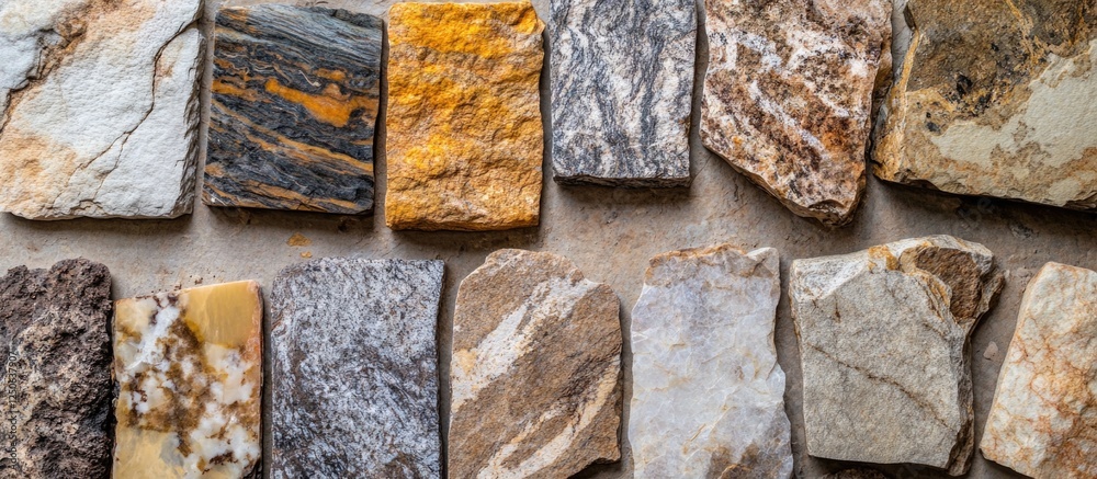 Poster various types of colorful natural stones arranged on a surface showcasing their unique textures and 