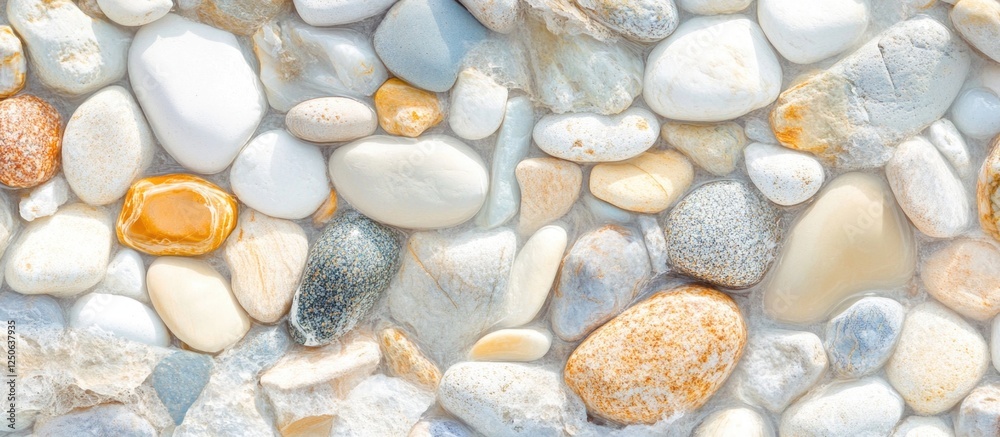 Aufkleber Smooth sea pebbles in soft colors on a tranquil beach with gentle waves creating foam on a warm summer day ideal for zen and relaxation.