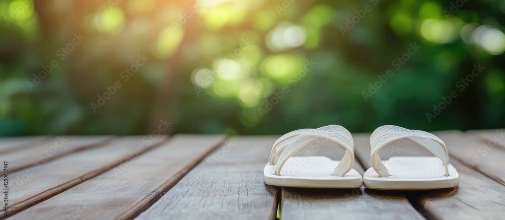 Aufkleber Sandal Placed on Wooden Table with Lush Natural Background and Ample Space for Custom Text or Branding Elements