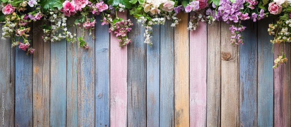 Poster Rustic wooden texture background with colorful planks and floral accents creating a vibrant backdrop for text or design elements