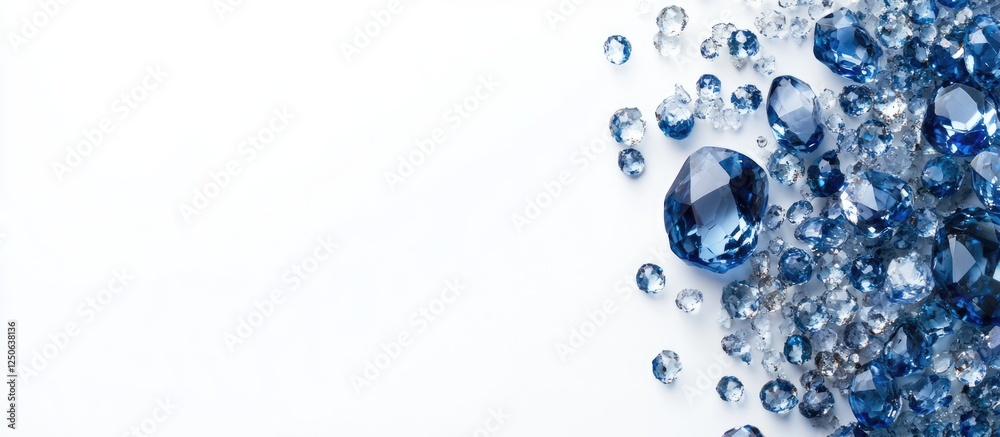 Poster Sapphire gemstones in various sizes on a white background with ample blank space for text or design elements
