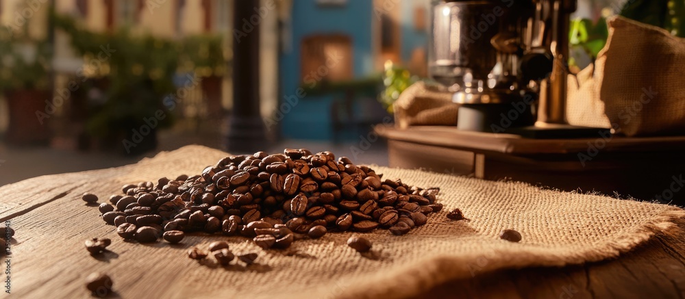 Aufkleber high-quality roasted coffee beans on a rustic wooden table with vibrant background elements creating