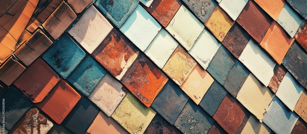 Poster colorful pattern of vintage roof tiles showcasing textures and varied shades in a beautiful overlapp