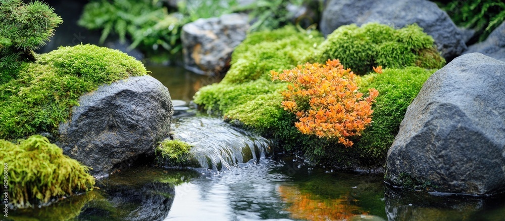 Canvas Prints Rocks covered in lichen beside a serene stream with vibrant moss and colorful foliage reflecting in the water